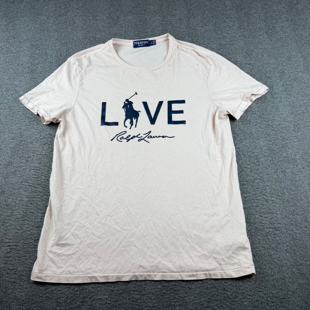 Ralph Lauren Pink Pony T-Shirt Women's Large Pink LOVE Graphic Tee Short Sleeve